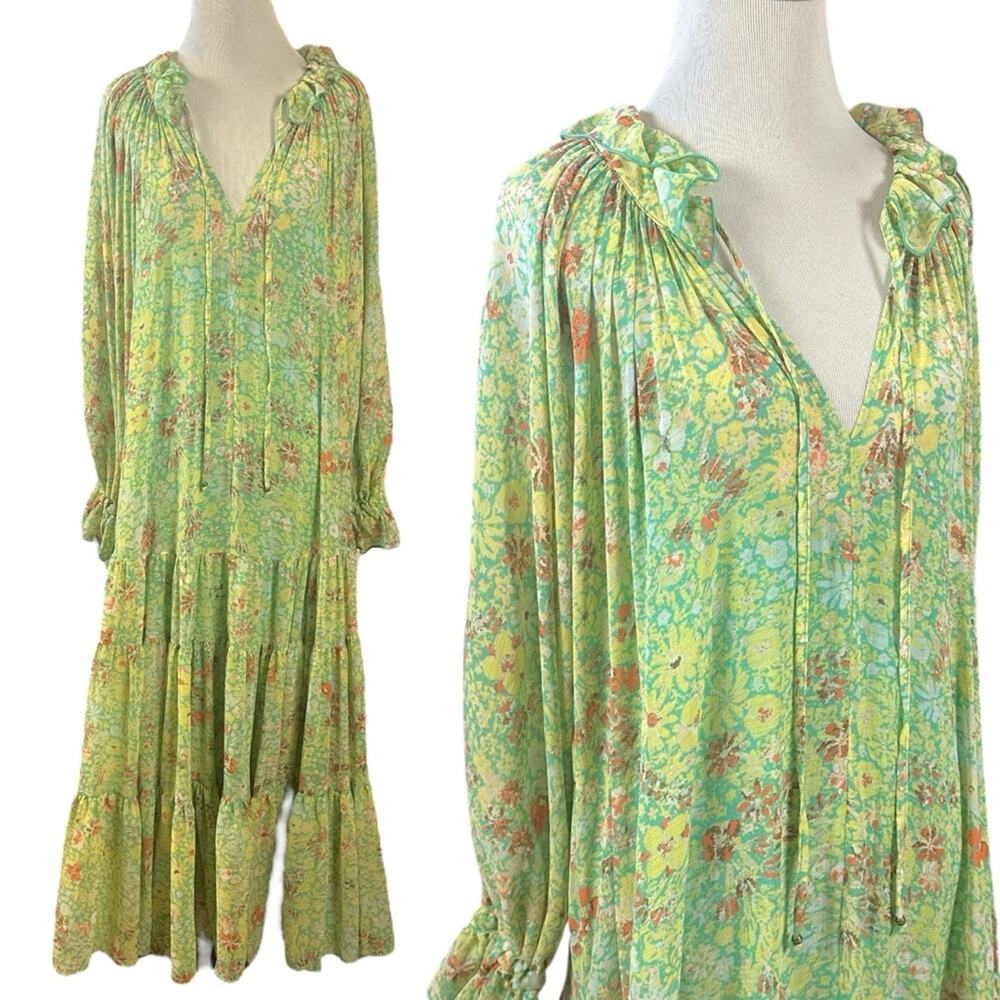 Free People Feeling Groovy Maxi Dress Size Medium 70s Chartreuse Floral Bohemian - Picture 4 of 16